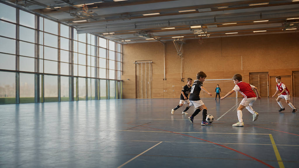 Dynamische Hallenfußballszene mit einem Spieler am Ball